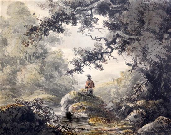 Attributed to William Payne (1754-1833) Angler in a wooded landscape 16.5 x 20.5in.